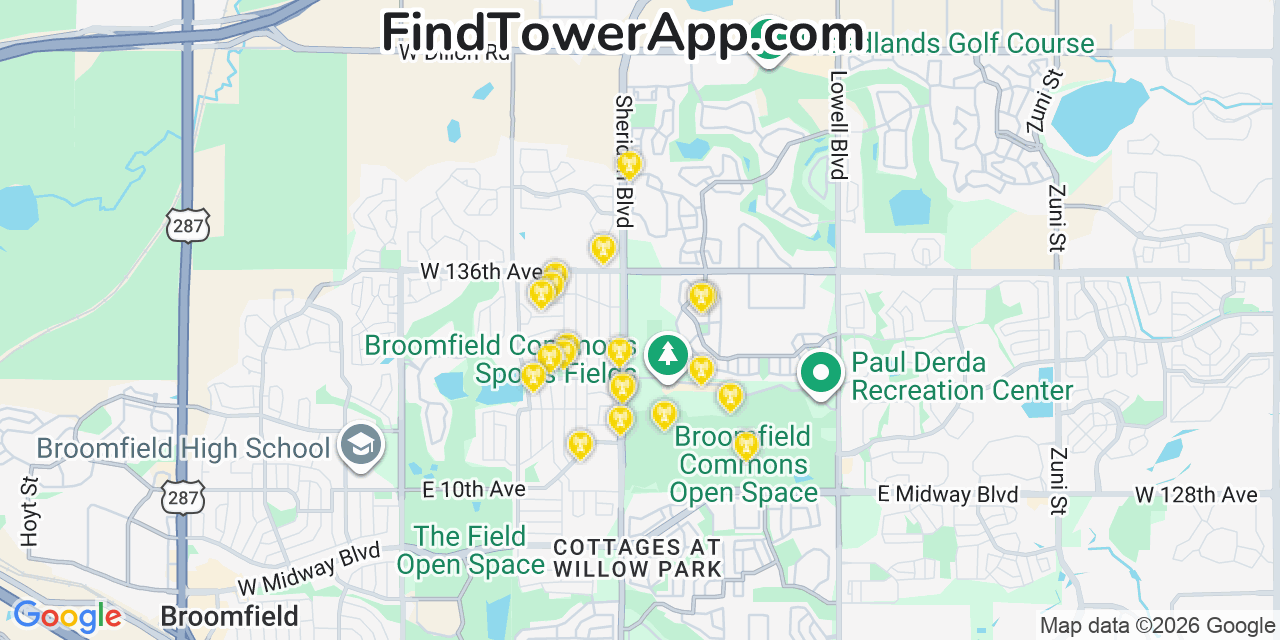 Map showing the 20 primary cell tower locations detected in Broomfield, Colorado from AT&T, Verizon, and T-Mobile networks