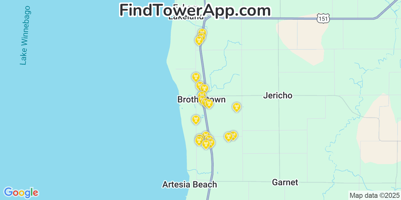 Map showing the 20 primary cell tower locations detected in Brothertown, Wisconsin from AT&T, Verizon, and T-Mobile networks