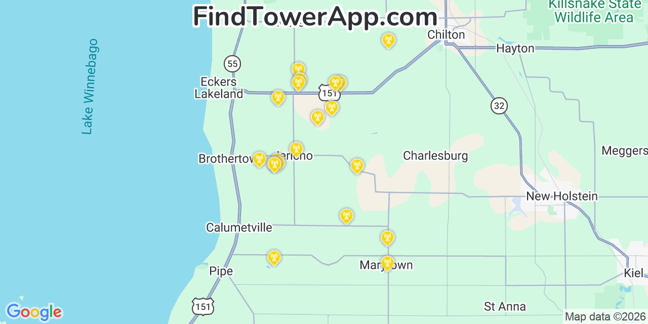 Map showing the 20 primary cell tower locations detected in Brothertown, Wisconsin from AT&T, Verizon, and T-Mobile networks