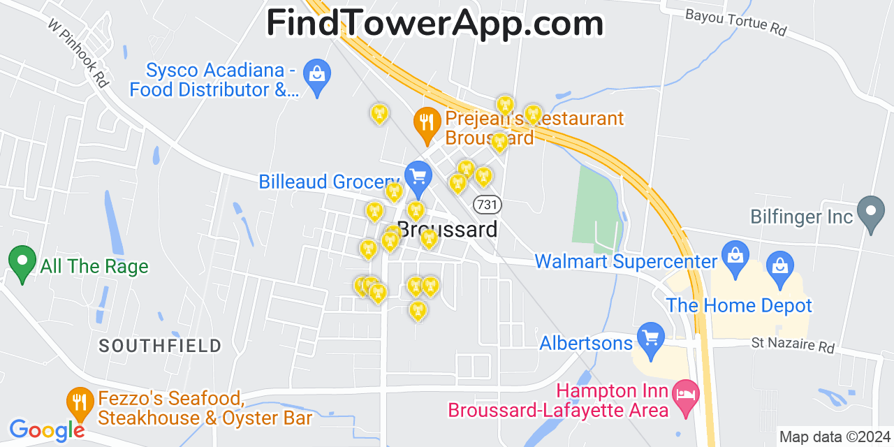 AT&T 4G/5G cell tower coverage map Broussard, Louisiana