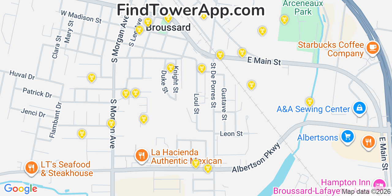 Map showing the 20 primary cell tower locations detected in Broussard, Louisiana from AT&T, Verizon, and T-Mobile networks