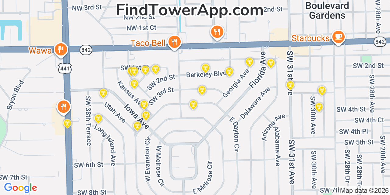 Map showing the 20 primary cell tower locations detected in Broward Estates, Florida from AT&T, Verizon, and T-Mobile networks