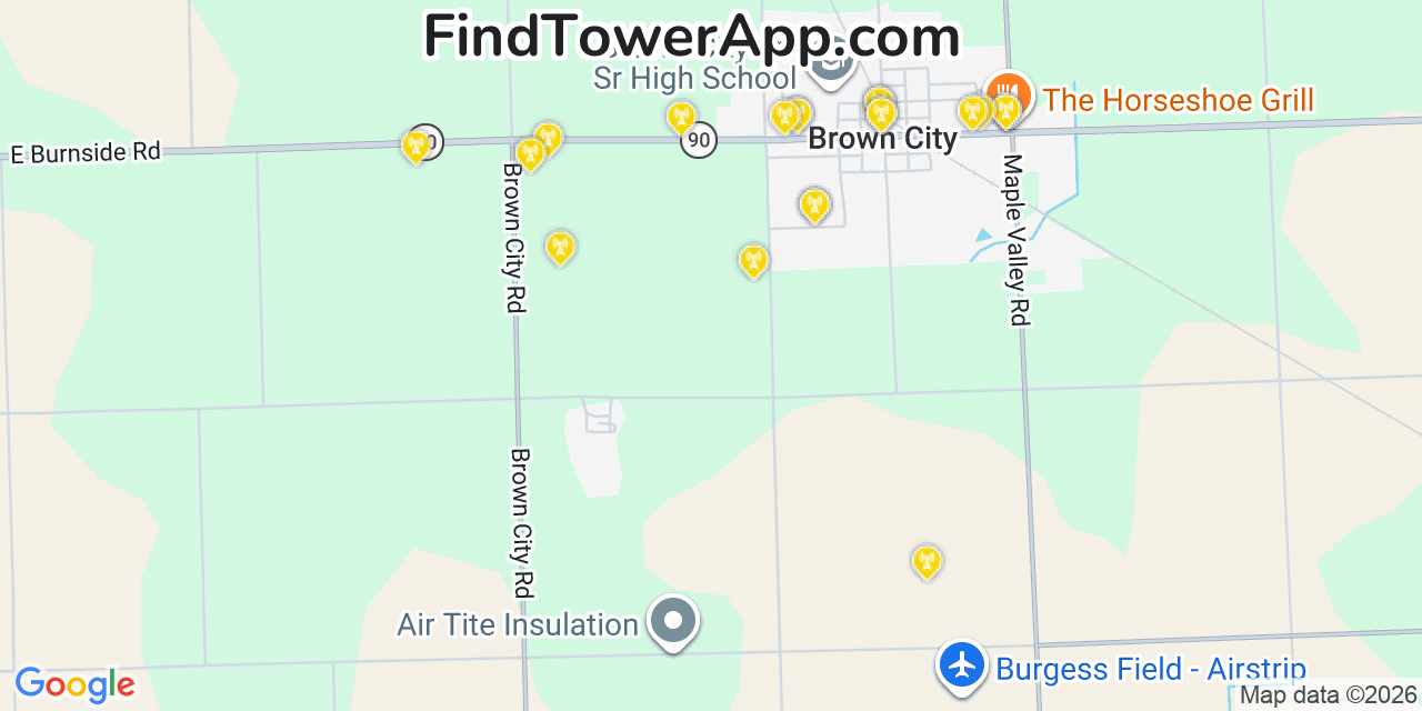 Map showing the 20 primary cell tower locations detected in Brown City, Michigan from AT&T, Verizon, and T-Mobile networks