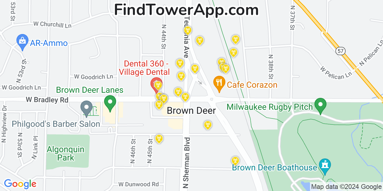 AT&T 4G/5G cell tower coverage map Brown Deer, Wisconsin