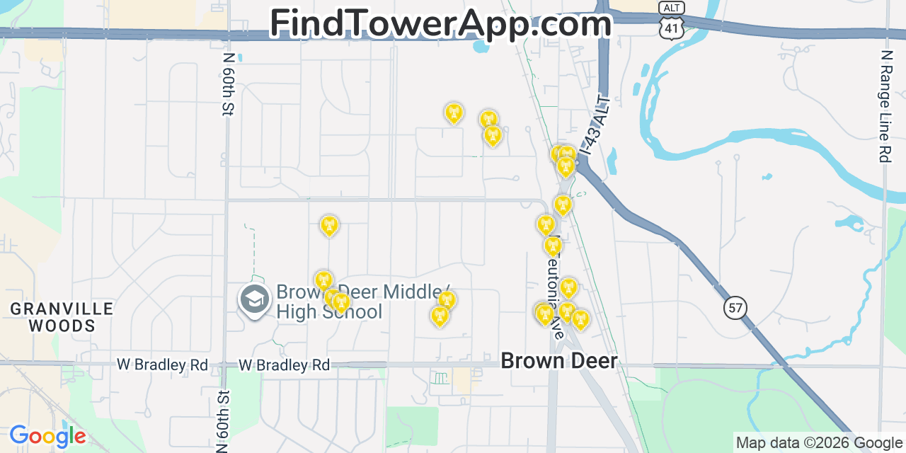Map showing the 20 primary cell tower locations detected in Brown Deer, Wisconsin from AT&T, Verizon, and T-Mobile networks