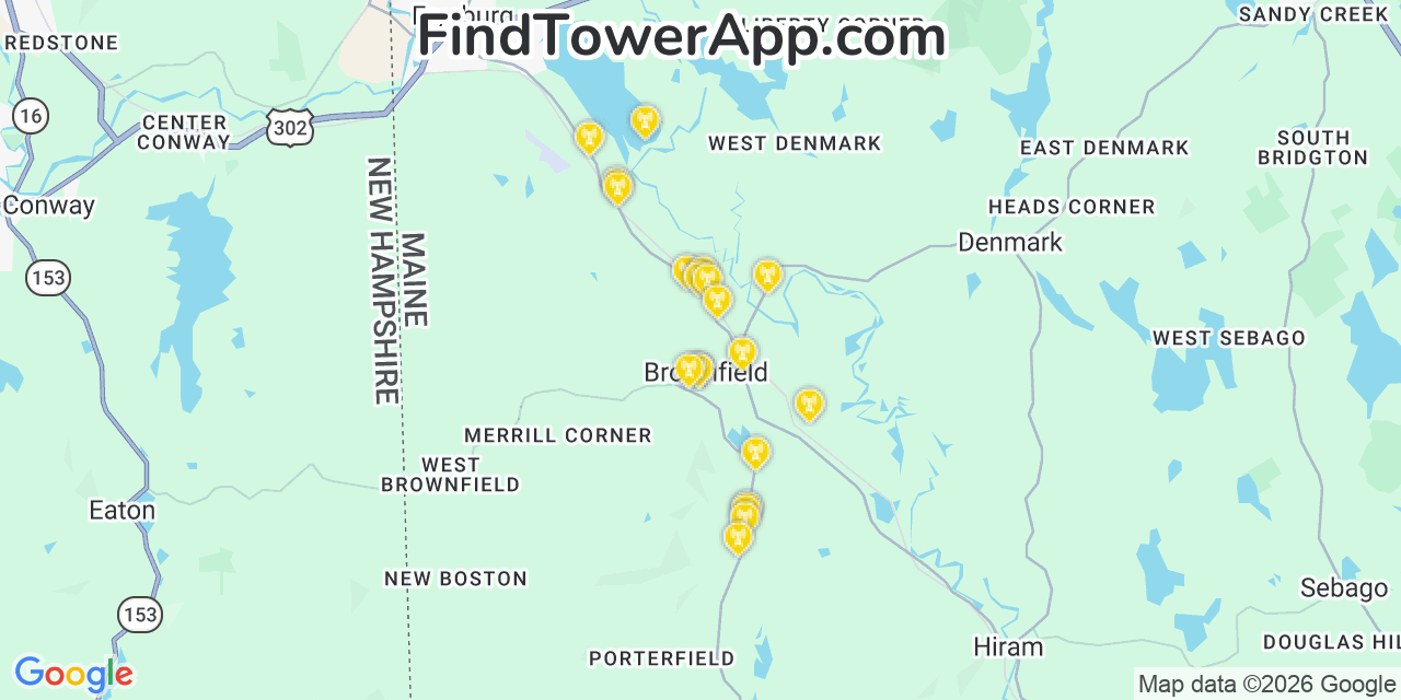 Map showing the 20 primary cell tower locations detected in Brownfield, Maine from AT&T, Verizon, and T-Mobile networks