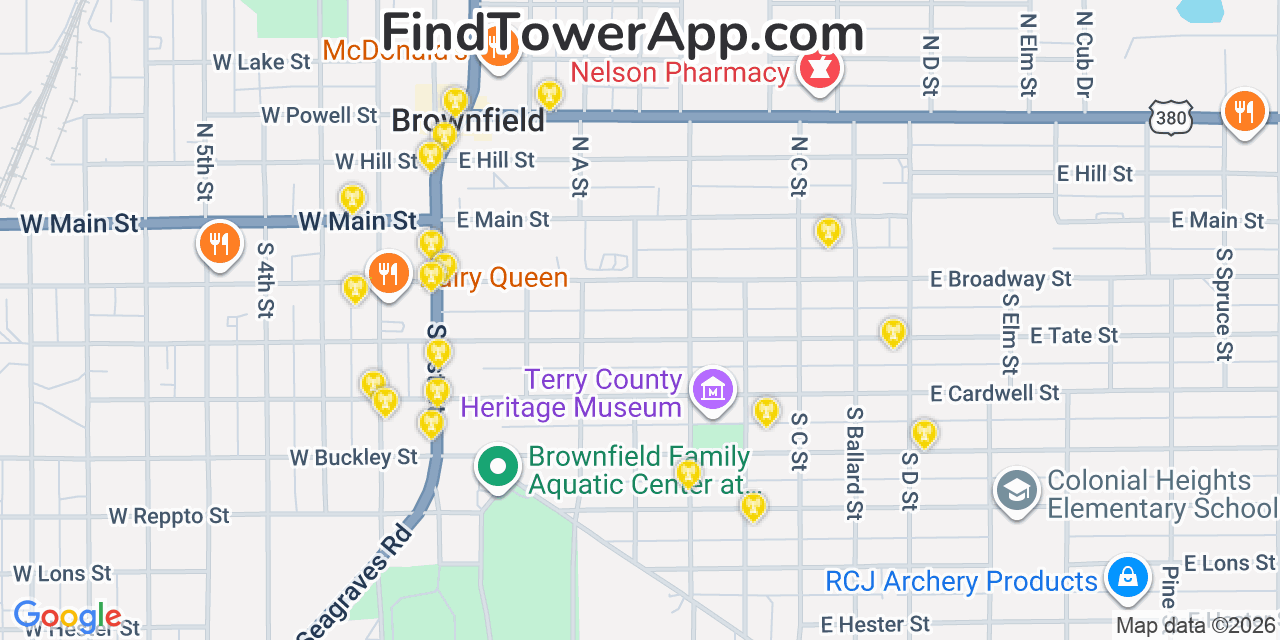 Map showing the 20 primary cell tower locations detected in Brownfield, Texas from AT&T, Verizon, and T-Mobile networks