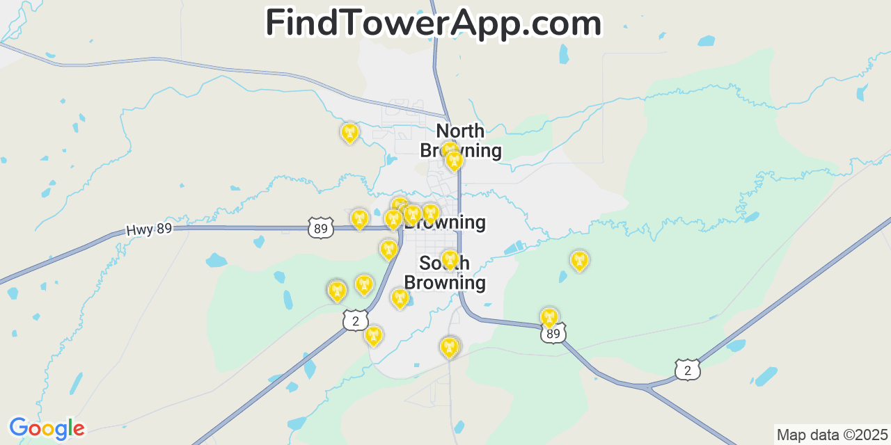 Map showing the 20 primary cell tower locations detected in Browning, Montana from AT&T, Verizon, and T-Mobile networks