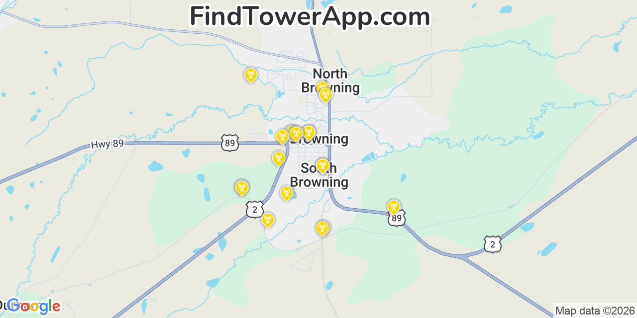 Map showing the 20 primary cell tower locations detected in Browning, Montana from AT&T, Verizon, and T-Mobile networks