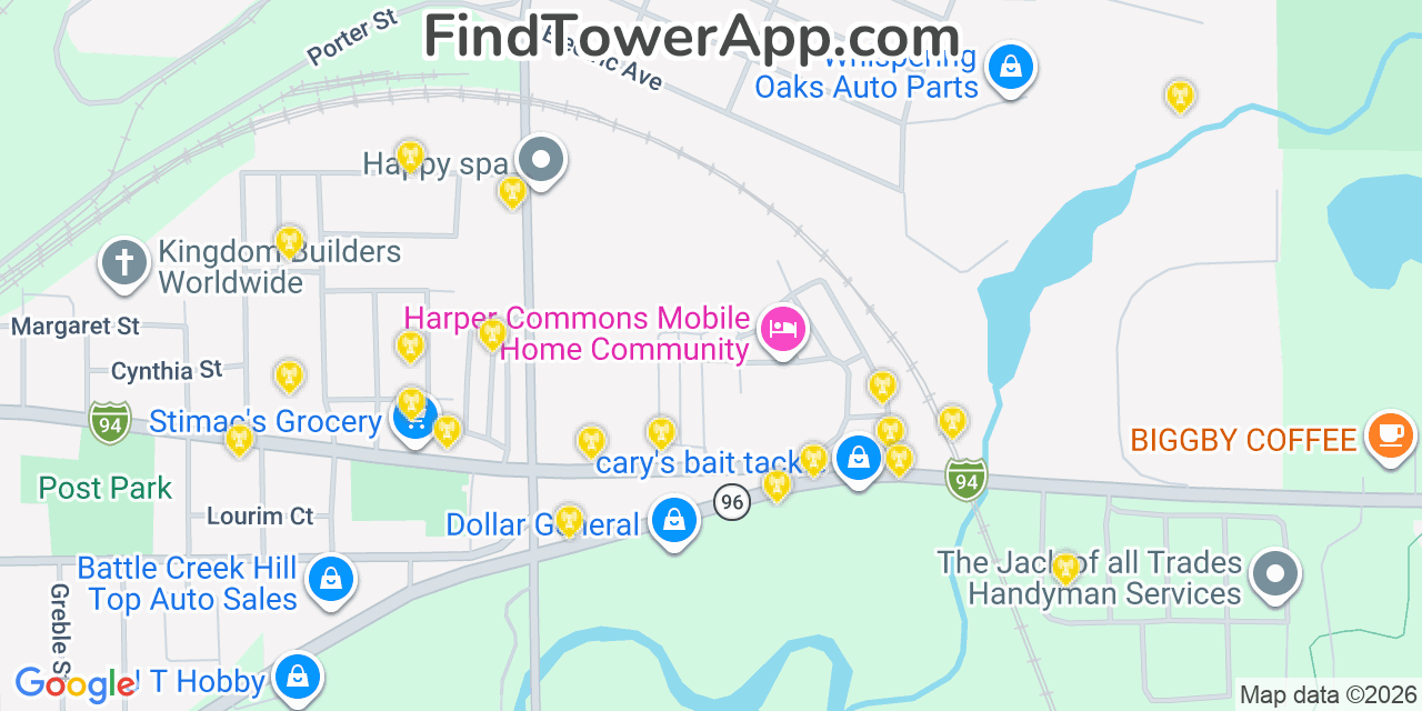 Map showing the 20 primary cell tower locations detected in Brownlee Park, Michigan from AT&T, Verizon, and T-Mobile networks