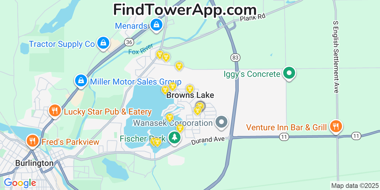 Map showing the 20 primary cell tower locations detected in Browns Lake, Wisconsin from AT&T, Verizon, and T-Mobile networks