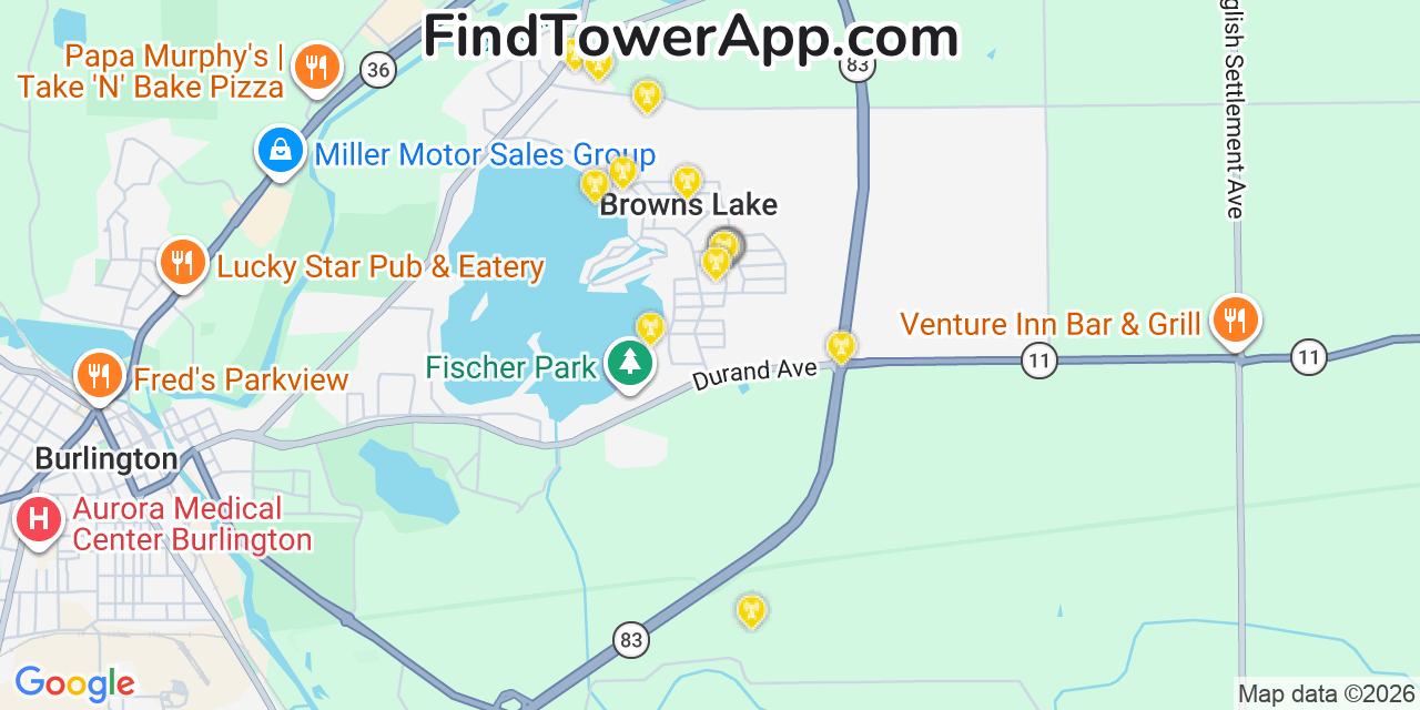 Map showing the 20 primary cell tower locations detected in Browns Lake, Wisconsin from AT&T, Verizon, and T-Mobile networks