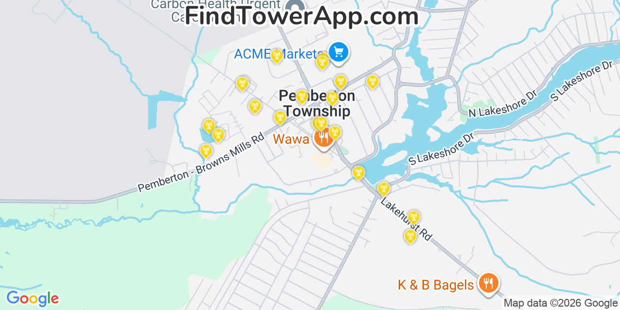Map showing the 20 primary cell tower locations detected in Browns Mills, New Jersey from AT&T, Verizon, and T-Mobile networks