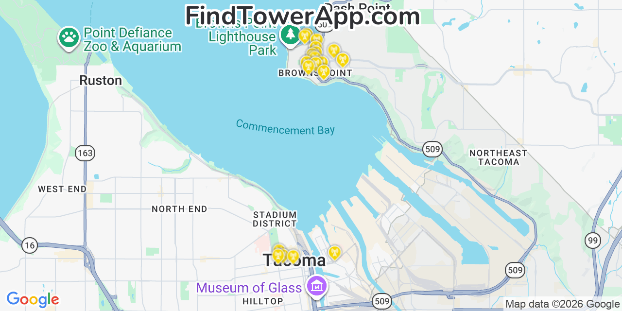 Map showing the 20 primary cell tower locations detected in Browns Point, Washington from AT&T, Verizon, and T-Mobile networks