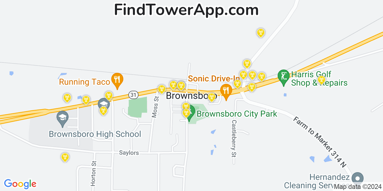 AT&T 4G/5G cell tower coverage map Brownsboro, Texas