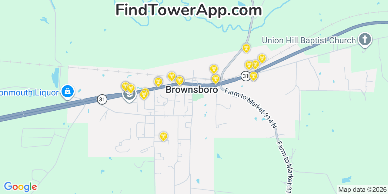 Map showing the 20 primary cell tower locations detected in Brownsboro, Texas from AT&T, Verizon, and T-Mobile networks