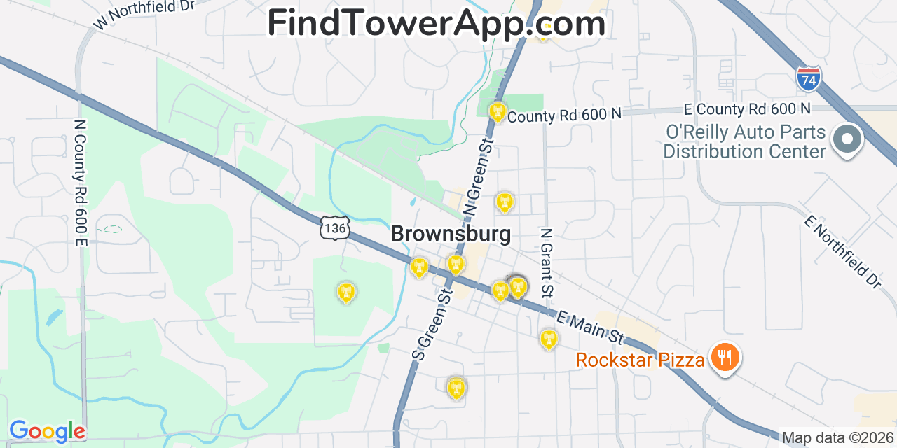Map showing the 20 primary cell tower locations detected in Brownsburg, Indiana from AT&T, Verizon, and T-Mobile networks