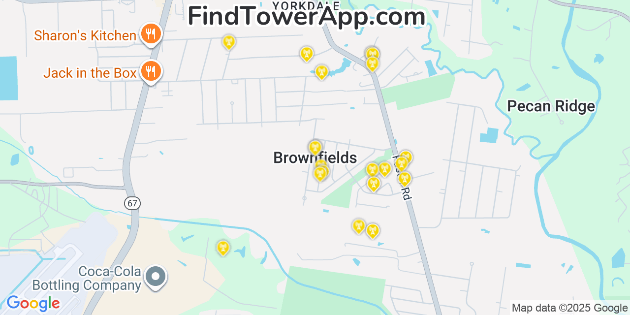 Map showing the 20 primary cell tower locations detected in Brownsfield, Louisiana from AT&T, Verizon, and T-Mobile networks