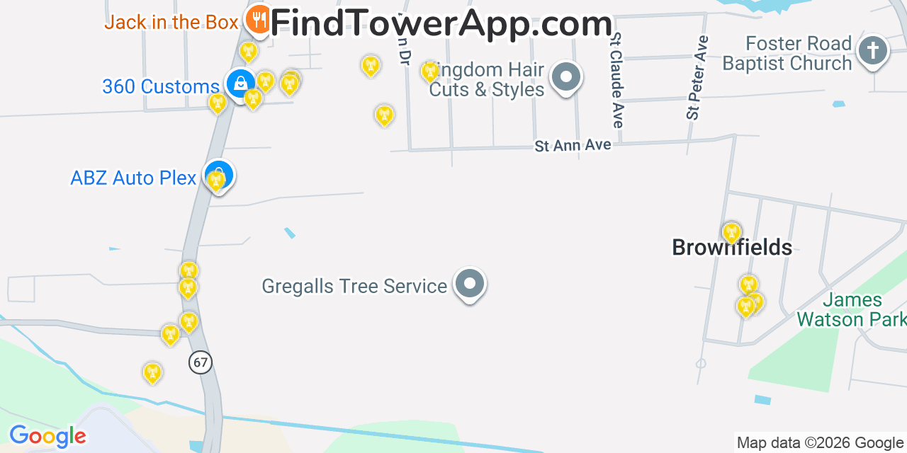 Map showing the 20 primary cell tower locations detected in Brownsfield, Louisiana from AT&T, Verizon, and T-Mobile networks