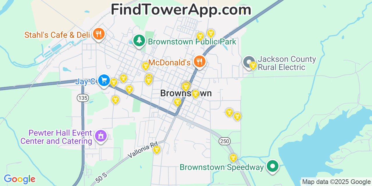 Map showing the 20 primary cell tower locations detected in Brownstown, Indiana from AT&T, Verizon, and T-Mobile networks