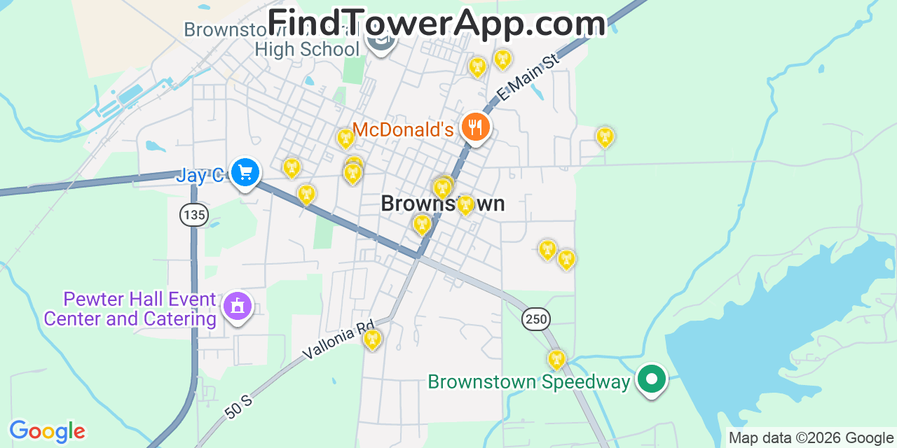 Map showing the 20 primary cell tower locations detected in Brownstown, Indiana from AT&T, Verizon, and T-Mobile networks