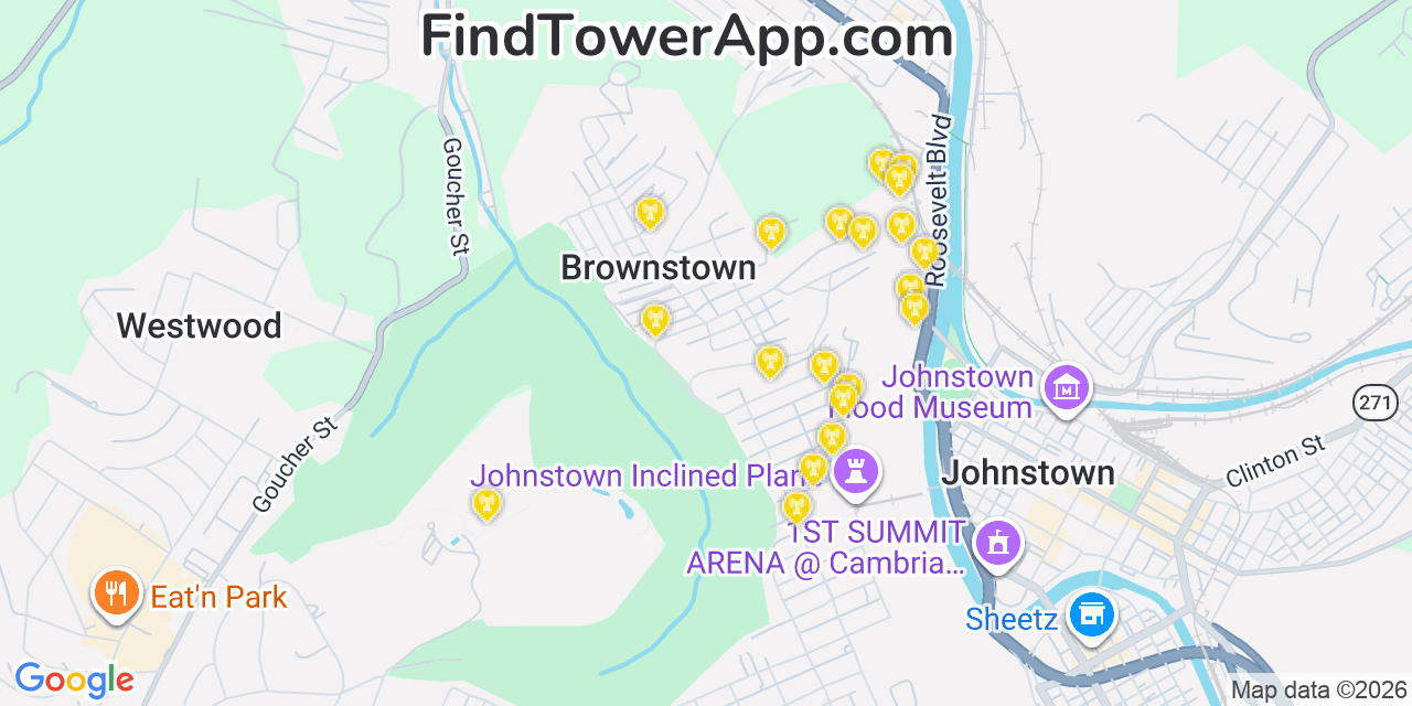 Map showing the 20 primary cell tower locations detected in Brownstown, Pennsylvania from AT&T, Verizon, and T-Mobile networks