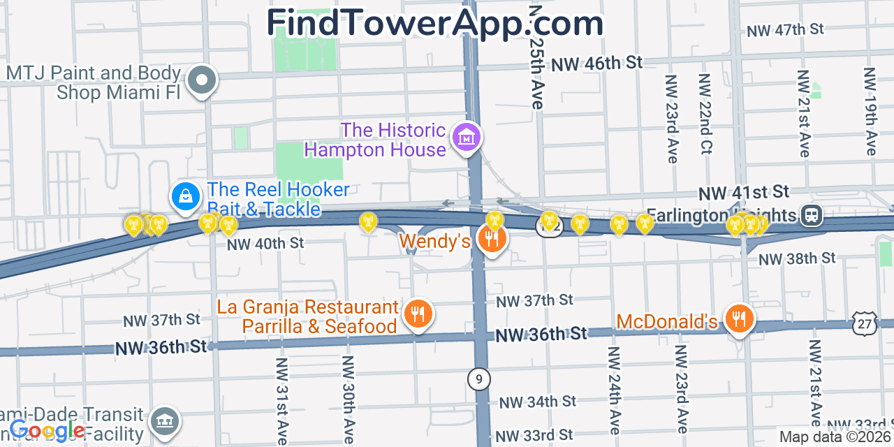 Map showing the 20 primary cell tower locations detected in Brownsville, Florida from AT&T, Verizon, and T-Mobile networks