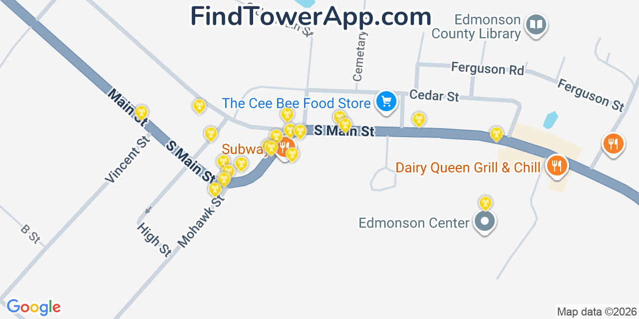 Map showing the 20 primary cell tower locations detected in Brownsville, Kentucky from AT&T, Verizon, and T-Mobile networks