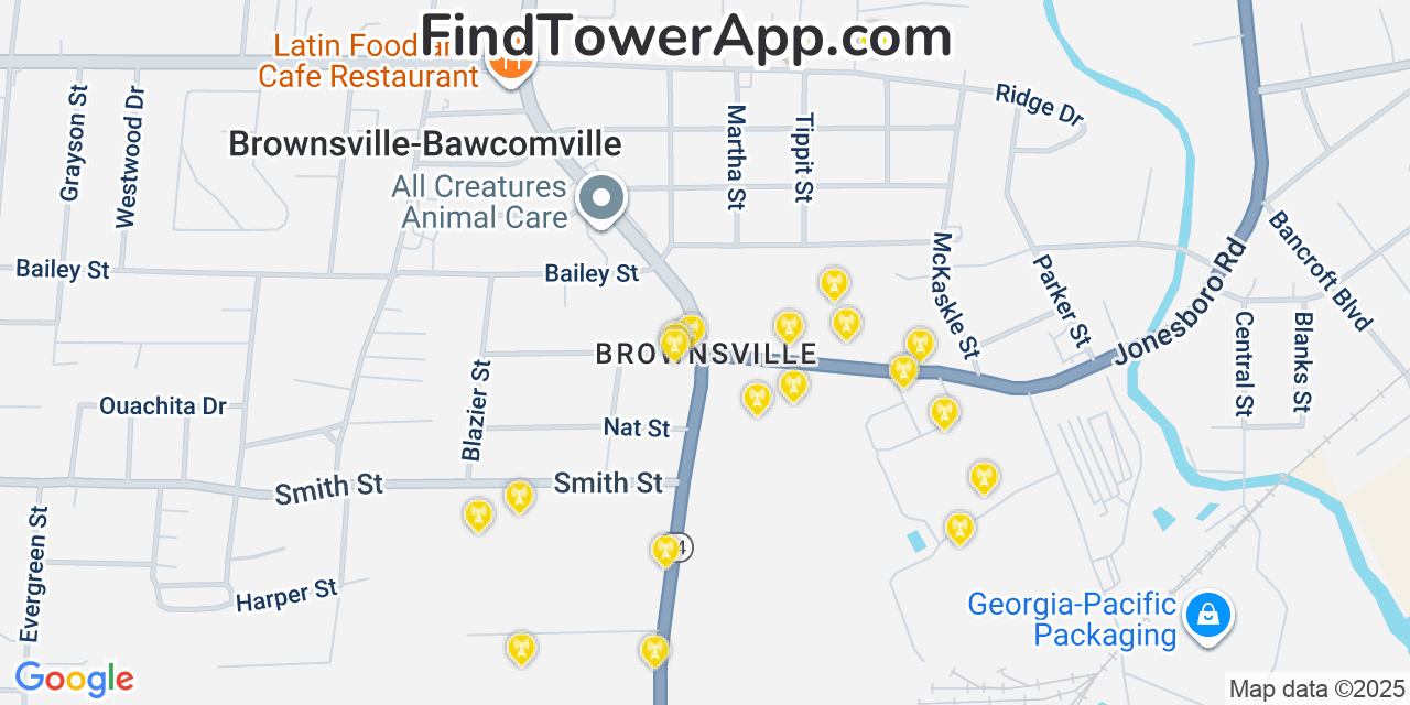 Map showing the 20 primary cell tower locations detected in Brownsville, Louisiana from AT&T, Verizon, and T-Mobile networks