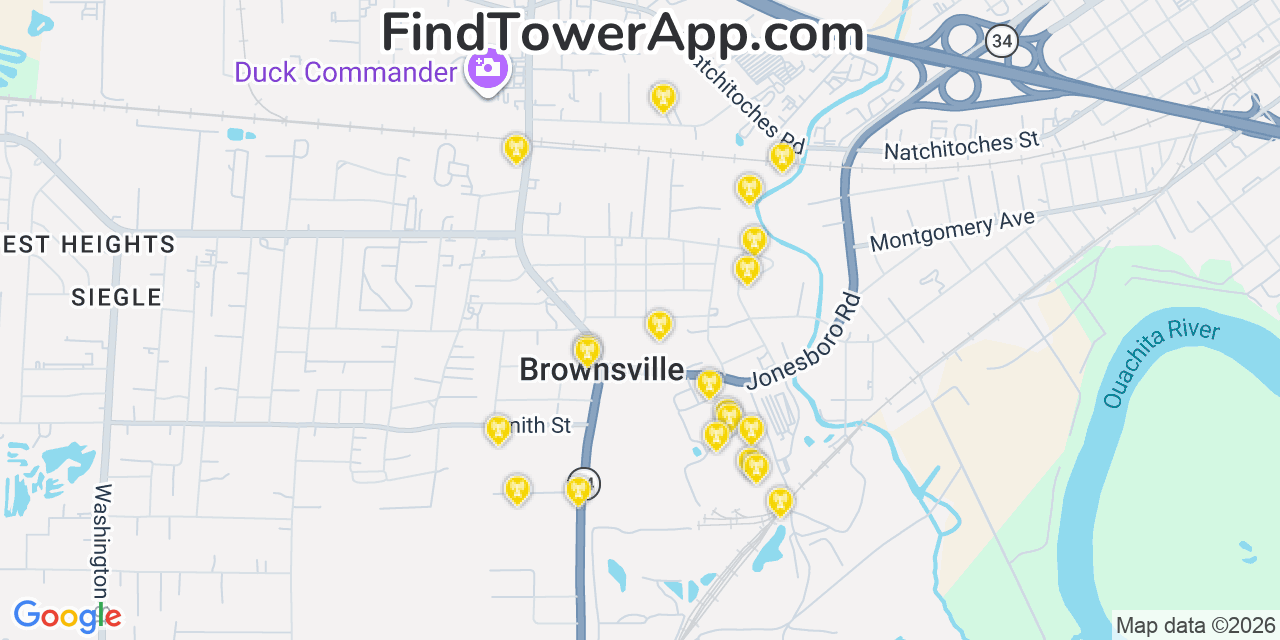 Map showing the 20 primary cell tower locations detected in Brownsville, Louisiana from AT&T, Verizon, and T-Mobile networks