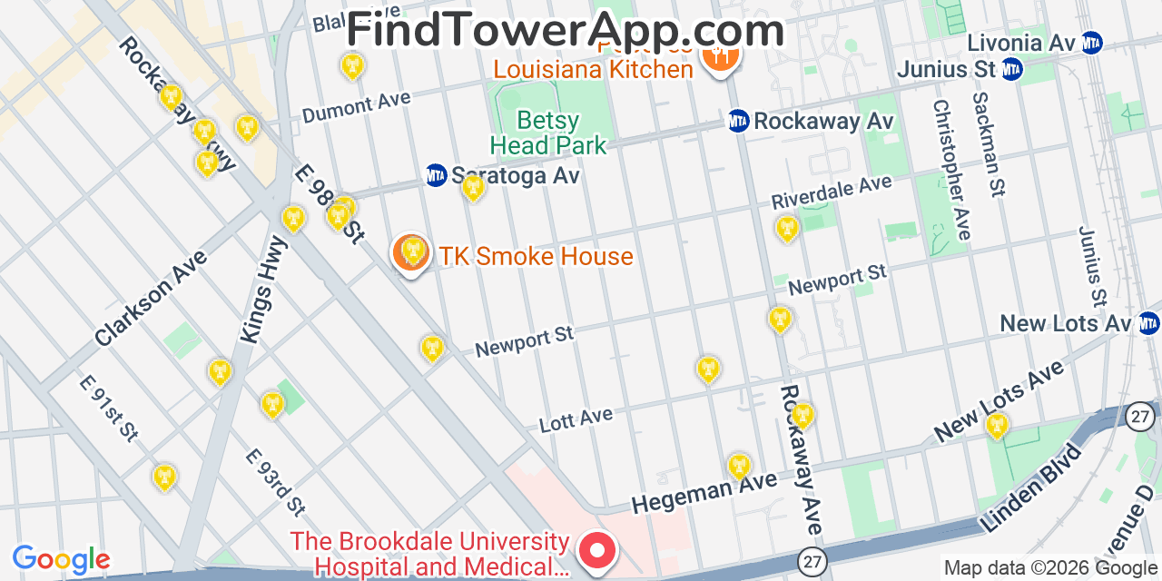 Map showing the 20 primary cell tower locations detected in Brownsville, New York from AT&T, Verizon, and T-Mobile networks