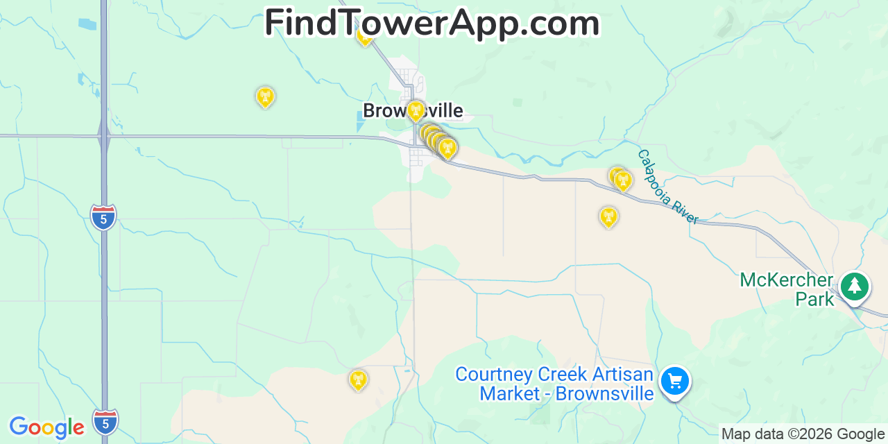Map showing the 20 primary cell tower locations detected in Brownsville, Oregon from AT&T, Verizon, and T-Mobile networks