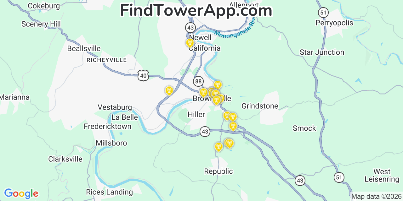 Map showing the 20 primary cell tower locations detected in Brownsville, Pennsylvania from AT&T, Verizon, and T-Mobile networks