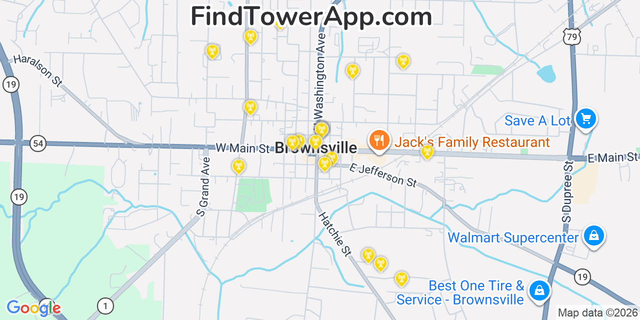 Map showing the 20 primary cell tower locations detected in Brownsville, Tennessee from AT&T, Verizon, and T-Mobile networks