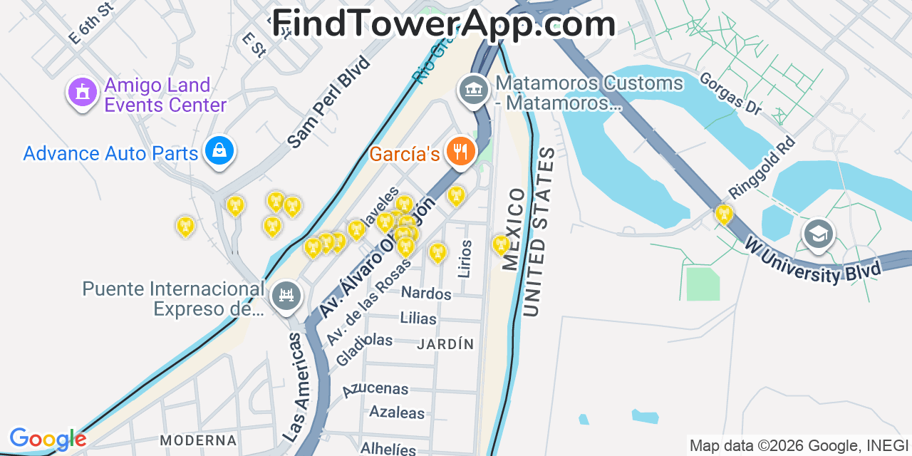 Map showing the 20 primary cell tower locations detected in Brownsville, Texas from AT&T, Verizon, and T-Mobile networks