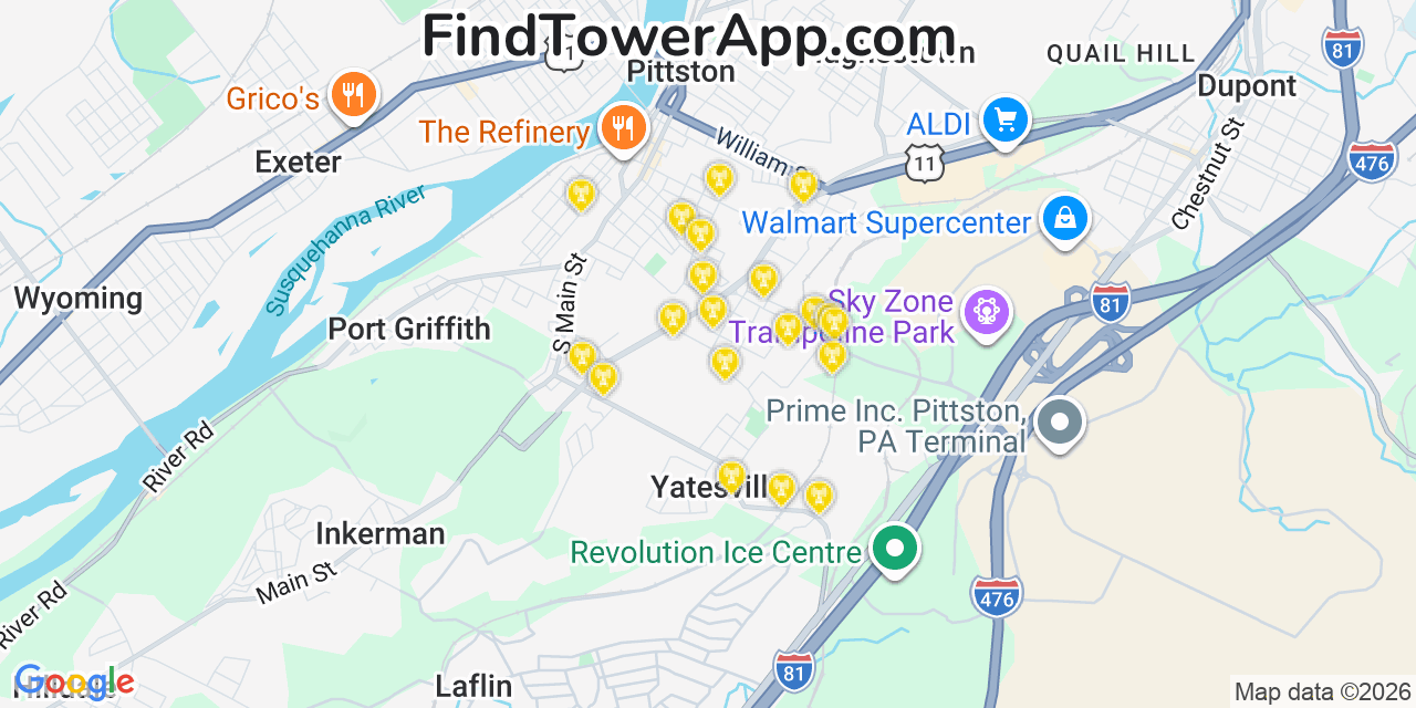 Map showing the 20 primary cell tower locations detected in Browntown, Pennsylvania from AT&T, Verizon, and T-Mobile networks