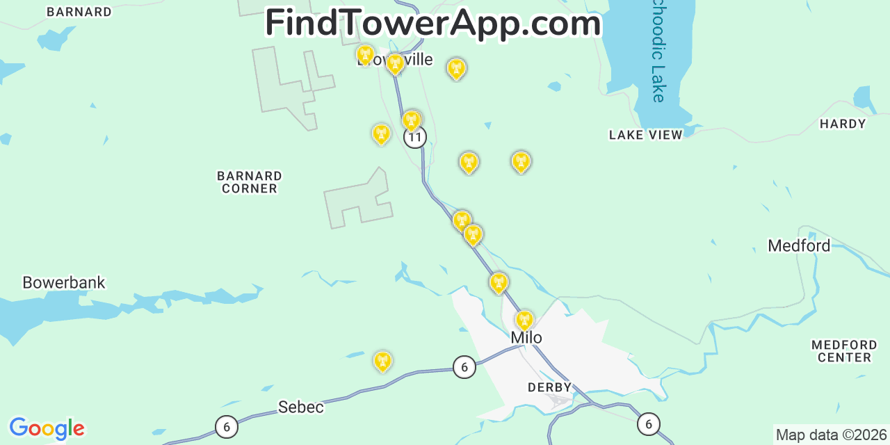 Map showing the 20 primary cell tower locations detected in Brownville, Maine from AT&T, Verizon, and T-Mobile networks