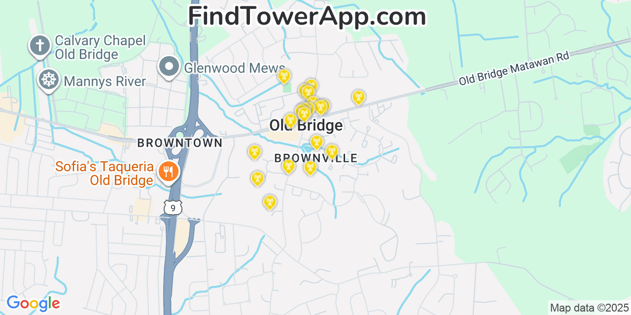 Map showing the 20 primary cell tower locations detected in Brownville, New Jersey from AT&T, Verizon, and T-Mobile networks