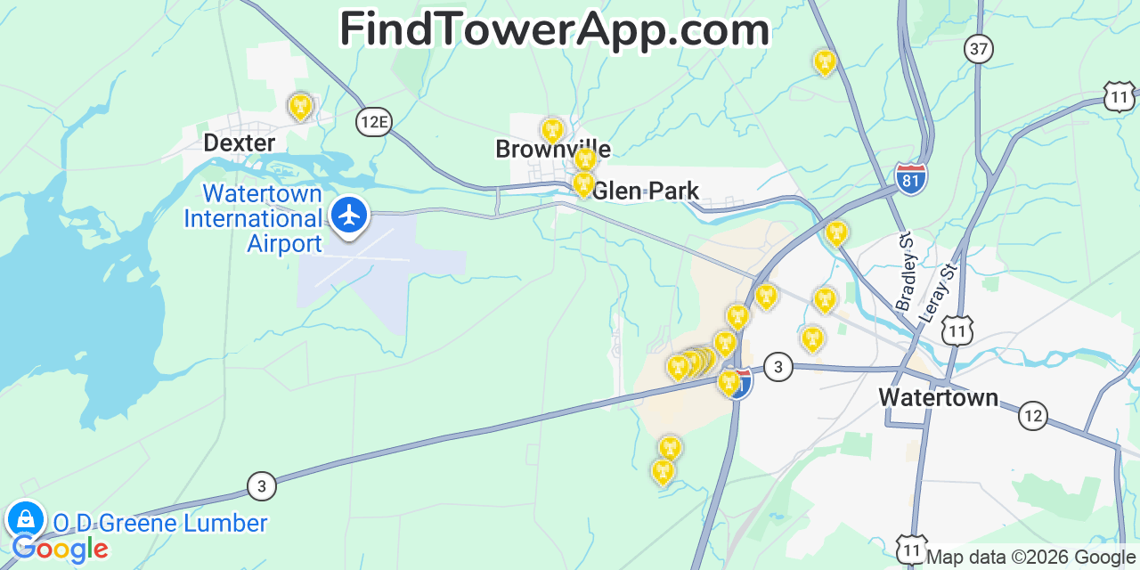 Map showing the 20 primary cell tower locations detected in Brownville, New York from AT&T, Verizon, and T-Mobile networks