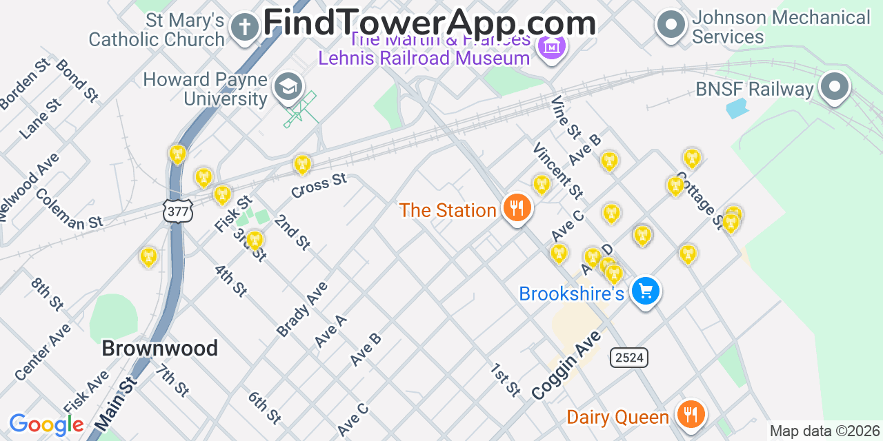 Map showing the 20 primary cell tower locations detected in Brownwood, Texas from AT&T, Verizon, and T-Mobile networks