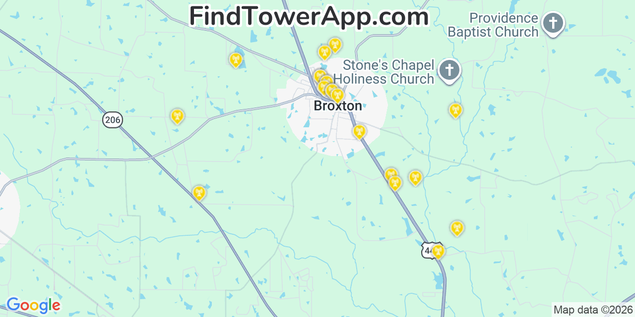 Map showing the 20 primary cell tower locations detected in Broxton, Georgia from AT&T, Verizon, and T-Mobile networks