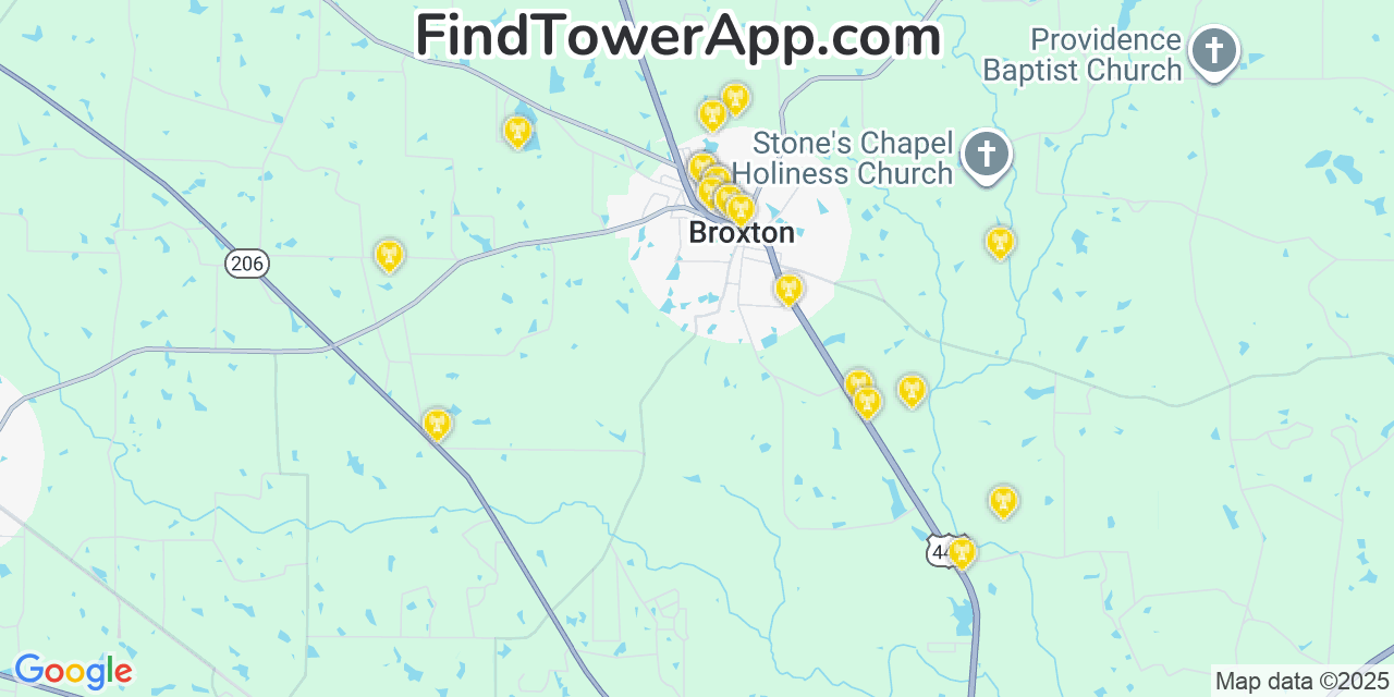 Map showing the 20 primary Mobitel cell tower locations detected in Broxton, Georgia with coverage radius and signal strength indicators