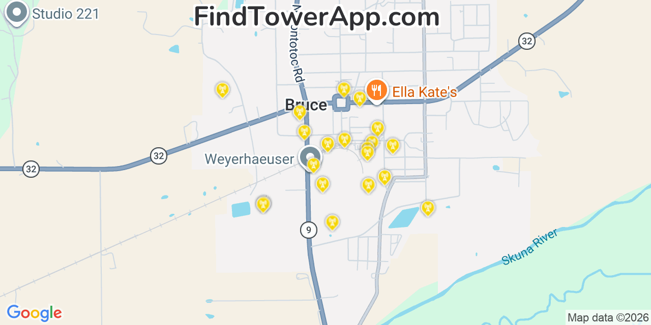 Map showing the 20 primary cell tower locations detected in Bruce, Mississippi from AT&T, Verizon, and T-Mobile networks