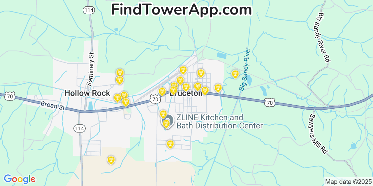 Map showing the 20 primary cell tower locations detected in Bruceton, Tennessee from AT&T, Verizon, and T-Mobile networks