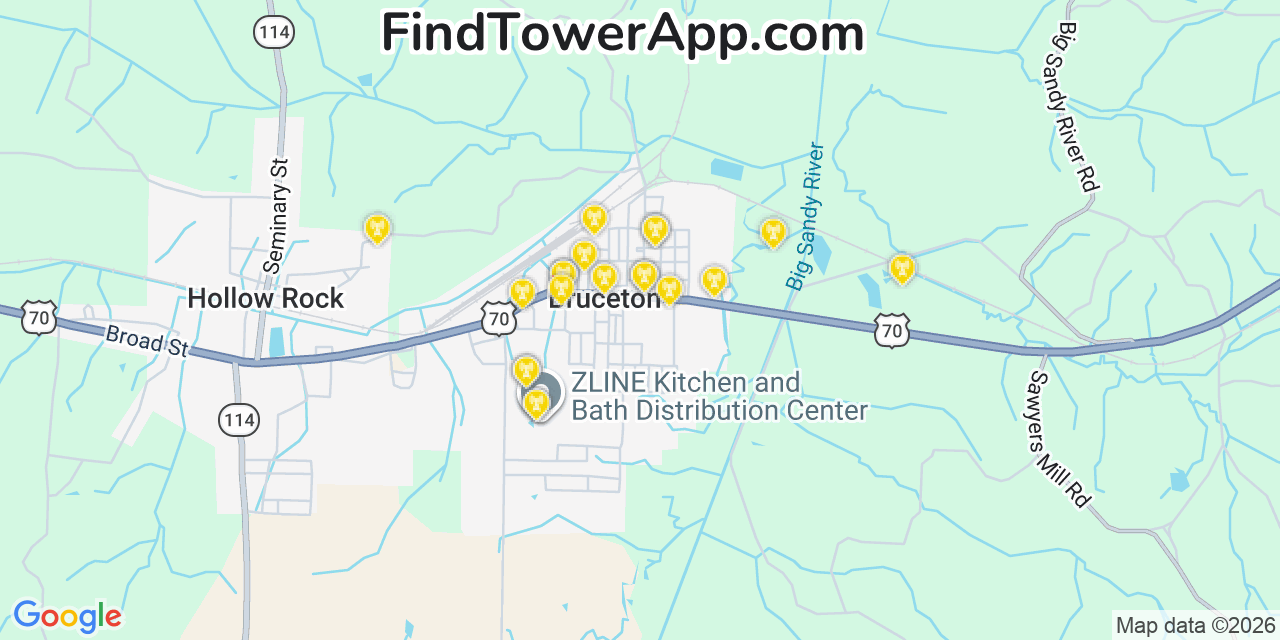 Map showing the 20 primary cell tower locations detected in Bruceton, Tennessee from AT&T, Verizon, and T-Mobile networks