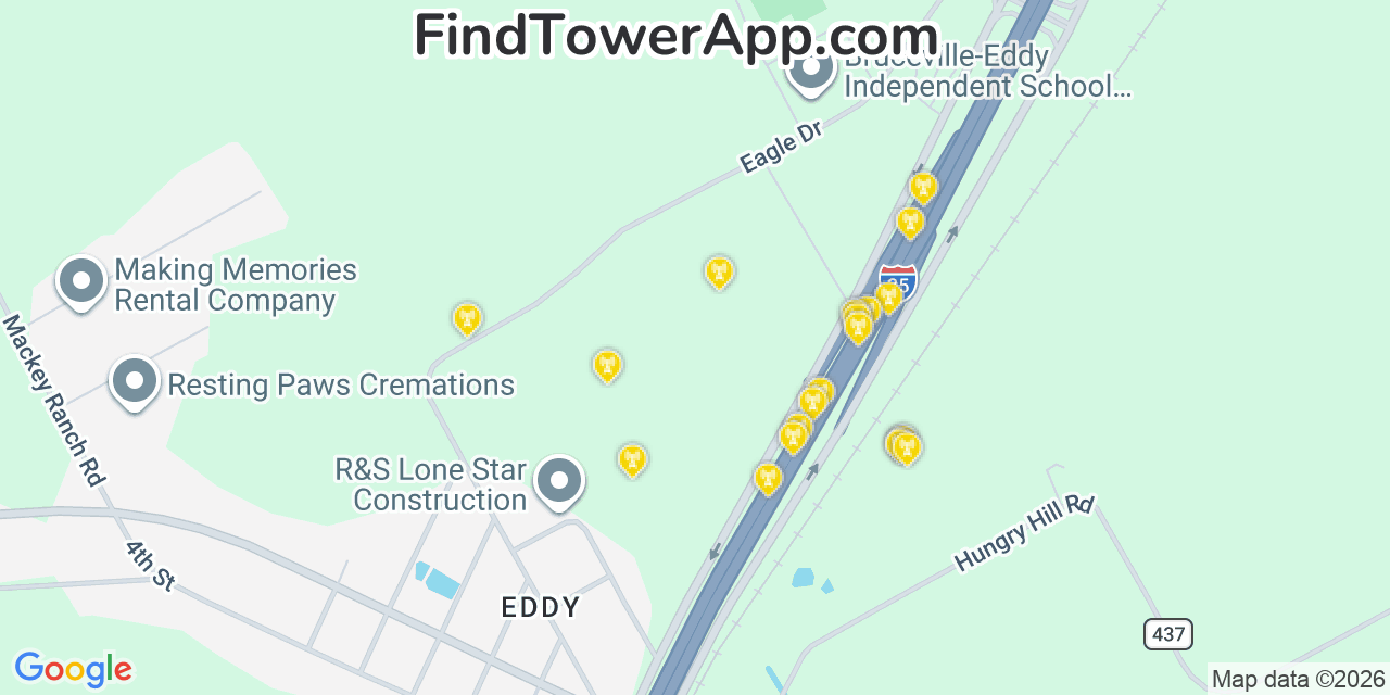 Map showing the 20 primary cell tower locations detected in Bruceville Eddy, Texas from AT&T, Verizon, and T-Mobile networks