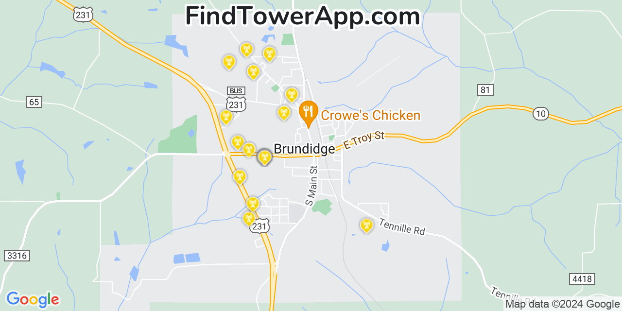 AT&T 4G/5G cell tower coverage map Brundidge, Alabama