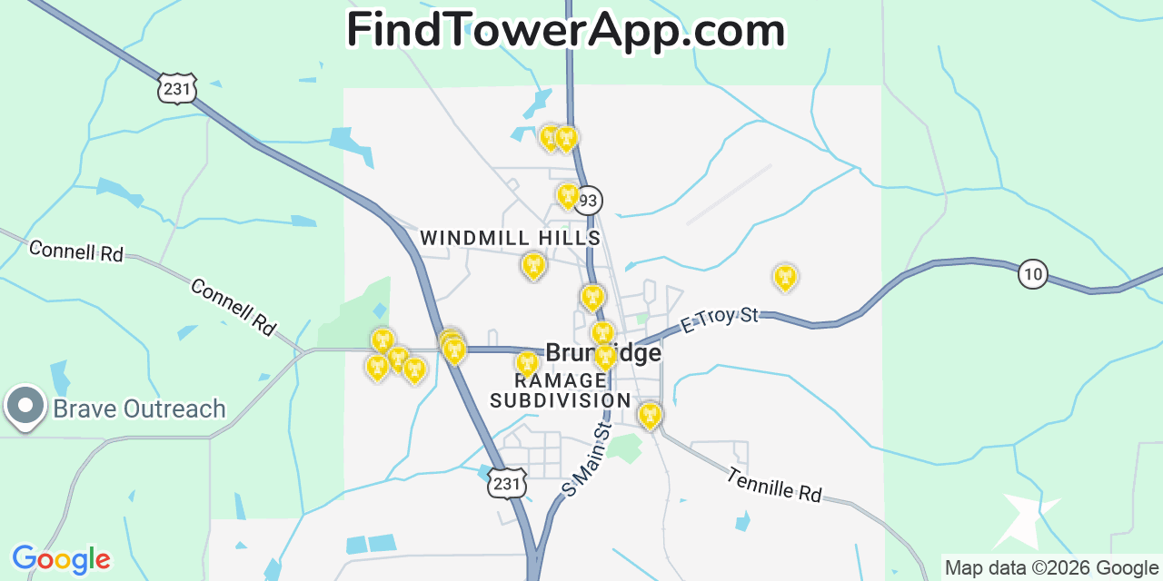 Map showing the 20 primary cell tower locations detected in Brundidge, Alabama from AT&T, Verizon, and T-Mobile networks