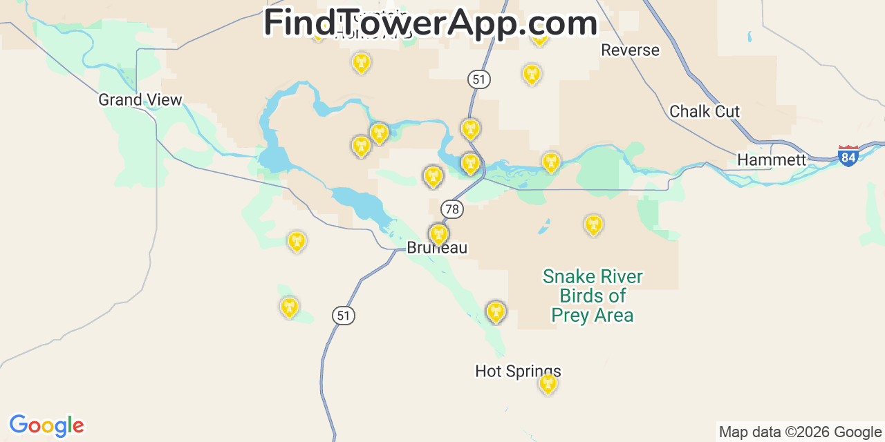 Map showing the 28 primary AT&T cell tower locations detected in Bruneau, Idaho with coverage radius and signal strength indicators