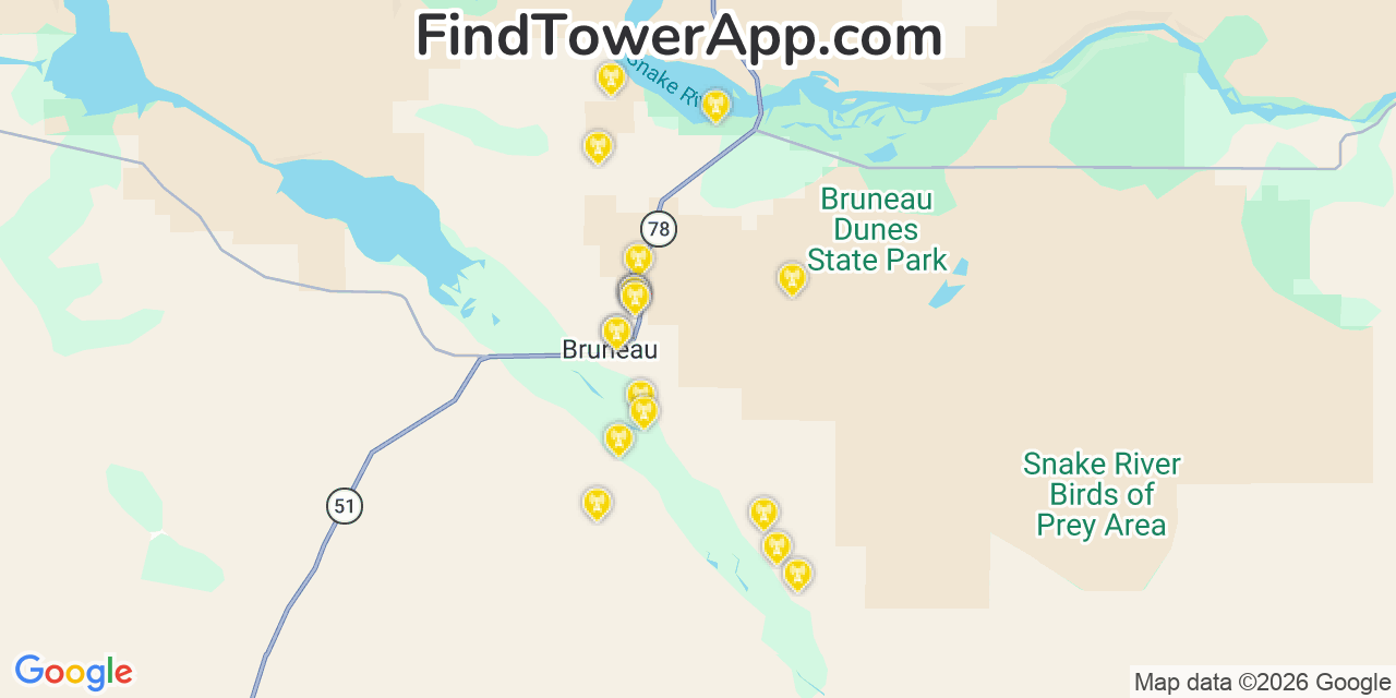 Map showing the 20 primary cell tower locations detected in Bruneau, Idaho from AT&T, Verizon, and T-Mobile networks